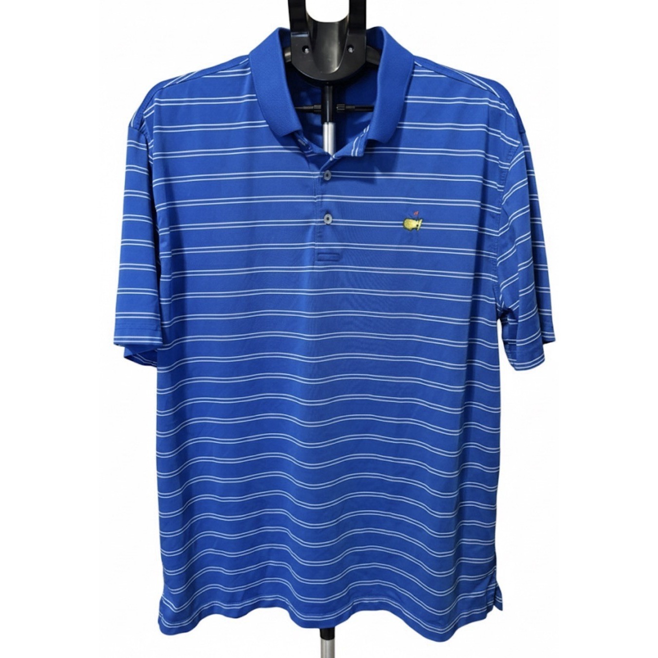 Masters Tech Mens Xl Blue Striped Golf Core Shirt Short Sleeve Masters Logo